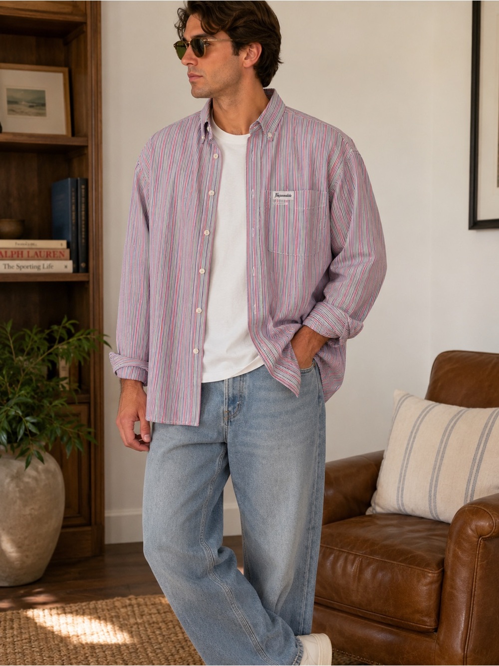 Façonnable Club Men’s XL Multicolor Stripe Cotton Button Down Shirt